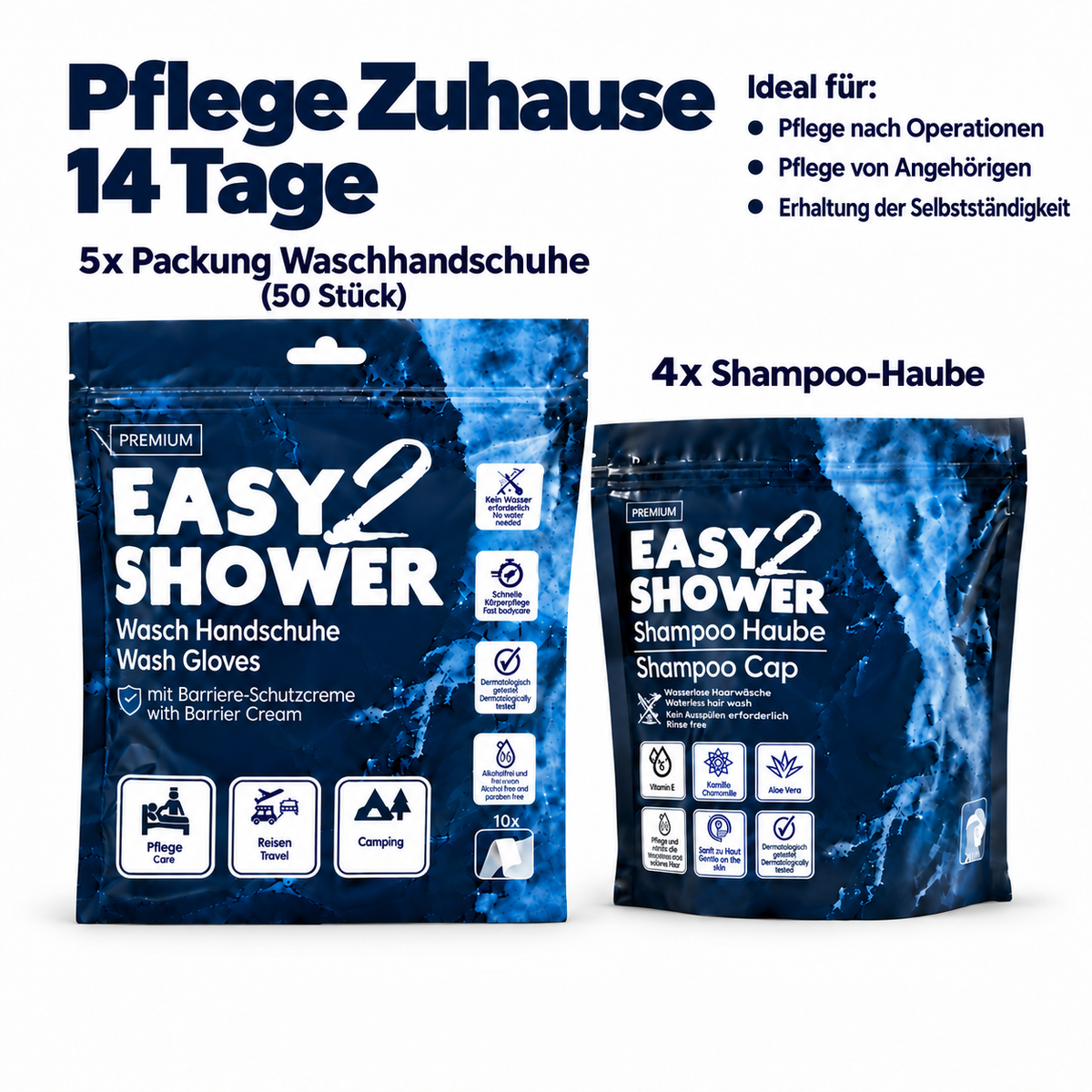 Easy2Shower Pflege zuhause 14 Tage: 5 Packungen mit 50 Waschhandschuhen und 4 Shampoo-Hauben.