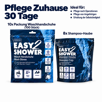 Easy2Shower Pflege zuhause 30 Tage: 10 Packungen mit 100 Waschhandschuhen und 8 Shampoo-Hauben.