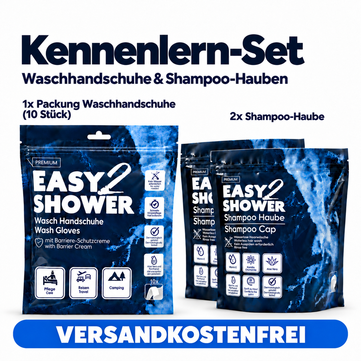 Easy2Shower Kennenlern Set – Waschhandschuhe & Shampoo Hauben